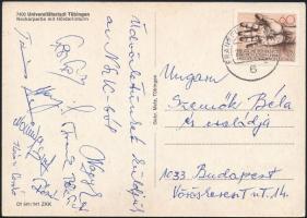 cca 1980 Magyar világbajnok asztaliteniszezők által aláírt képeslap Jónyer, Gergely, Frank, Nagy / Hungarian table tennis players signed postcard.