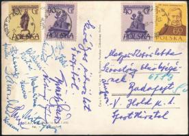 1950 A magyar női kosárlabda válogatott tagjai által aláírt képeslap (Mátrainé, Blahóné, Korenné, Verbélyi József és Gyimesi János edzők és mások) / 1950 Hungarian female basketball team