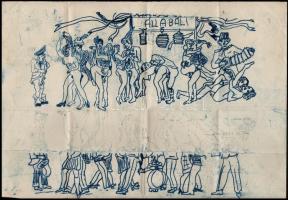 cca 1950 Obszcén meghívó humoros, pajzán rajzzal / Obscene invitation and erotic drawing. 43x23 cm