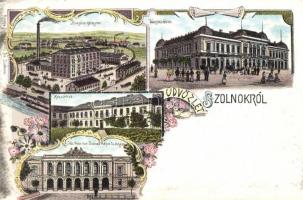 1899 Szolnok, Hungária gőzmalom, Városház, Kaszárnya, Jász-Nagykun-Szolnok megye székháza. Fuchs Lipót és fia kiadása, floral, Art Nouveau litho