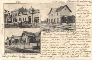 Dicsőszentmárton, Tarnaveni; vasútállomás, Fő tér, pavilon. Hirsch Mór kiadása / railway station, main square, pavilion