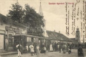 Gyorok, Gyorok-Ménes, Ghioroc; Piac tér villamossal, Eichner Adolf és Butár Ágoston üzlete, templom. Eichner Adolf kiadása / market square with tram, shops, church