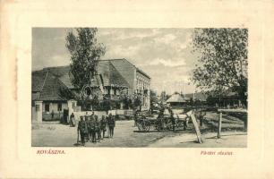 Kovászna, Covasna; Fő tér katonákkal, lovasszekér, magyar zászló. W. L. Bp. 6870. Moskovicz Márton kiadása / main square with soldiers, Hungarian flag