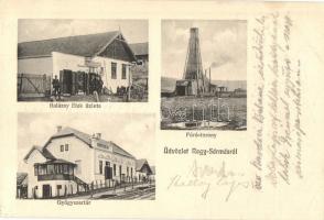 Nagysármás, Sarmasu; Gyógyszertár, Olajfúró torony, Balázsy Elek üzlete. Adler fényirda 818. Balázsy Elek kiadása / pharmacy, shops, oil rig, drilling tower