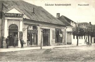 Szinérváralja, Seini; Piac tér, Markovits Jenő üzlete és saját kiadása / market square with shop