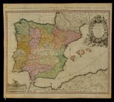 1720 Spanyolországés Portugália térképe. Johann Baptist Homann: Regnorum Hispaniae et Portugalliae tabula generalis. Színezett rézmetszet / Map of Spain and Portugal Colored copper plate engraving 63x55 cm