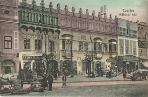 Eperjes, Presov; Rákóczi ház, Eichenbaum M., Spira Henrik és Goldwender üzlete, Moskovits cipőgyár, piac. Eisenstädter J. Gyula kiadása / market with shops