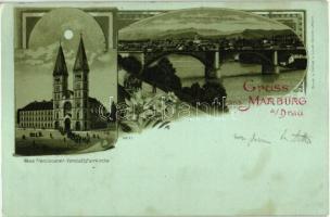 1899 Maribor, Marburg; Neue Franciscaner-Vorstadtpfarrkirche, Verlag Louis Glaser / new suburban parish church, general view, floral Art Nouveau litho (EK)