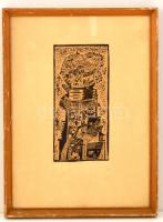 Faragó jelzéssel: Emlékek tornya. Linó, papír, üvegezett keretben, 25×12 cm