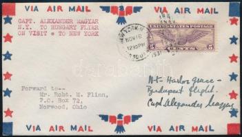 1931 Légi levél Magyar Sándor pilóta aláírásával / Airmail cover with signature of Hungarian pilot Sándor Magyar