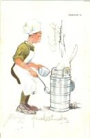 Cserkész tejes tartállyal. kiadja a Magyar Cserkészszövetség Nagytábortanácsa, 1926. / scout with milk, art postcard s: Márton L. (fl)