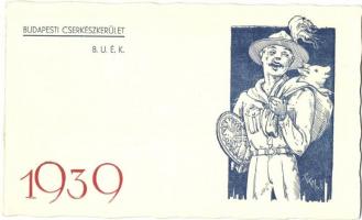 1939 Budapesti Cserkészkerület BUÉK. Újévi üdvözlőlap / Hungarian scout New Year greeting card, artist signed