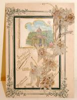 1899 Bártfai emlék saját készítésű kártya lithoképpel, szárított virággal 15x12 cm