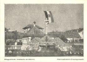 Magyaróvári Irredenta emlékmű, Hármashalom-Országzászló segélylapja. Justice for Hungary Kiadja a Magyar Revíziós Liga Mosonmegyei Szervezete / Hungarian irredenta monument with flag