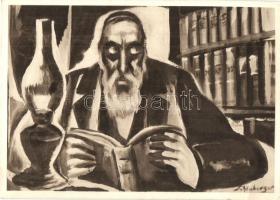 Könyvek között. Magyar Zsidó Irodalmi és Művészeti Bizottság kiadása / Amidst Books. Judaica art postcard s: Schönberger Armand