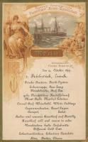 1893 Fürst Bicmarck, magyar kivándorlók által is használt tengeri gőzhajó díszes, litografált menükártyája / 1893 Lithographic menu card of the steamer ship Fürst Bimarck 13x21 cm