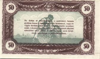 1920-as évek eleje 50K vásárlási visszatérítés lila "Kalocsai Hangya fogy. és ért." bélyegzővel, erősen felfelé és balra csúszott nyomat barna nyomdai csíkkal T:I