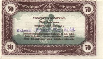 1920-as évek eleje 50K vásárlási visszatérítés lila "Kalocsai Hangya fogy. és ért." bélyegzővel, erősen felfelé és balra csúszott nyomat! T:I