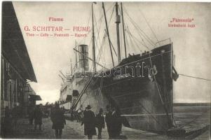 Pannónia kivándorlási hajó a fiume-i kikötőben, G. Schittar reklámja / Emigration ship in Fiume, advertisement (fl)