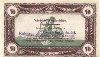 1920-as évek eleje 50K vásárlási visszatérítés lila "Kalocsai Hangya fogy. és ért." bélyegzővel, erősen lefelé csúszott nyomat! T:I
