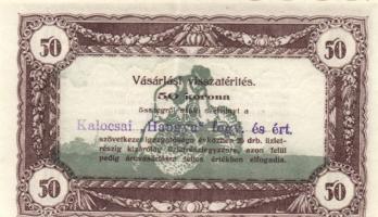 1920-as évek eleje 50K vásárlási visszatérítés lila "Kalocsai Hangya fogy. és ért." bélyegzővel, erősen lefelé csúszott nyomat! T:I