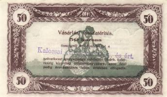 1920-as évek eleje 50K vásárlási visszatérítés lila "Kalocsai Hangya fogy. és ért." bélyegzővel, erősen lefelé csúszott hátoldali nyomat! T:I