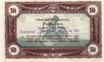 1920-as évek eleje 50K vásárlási visszatérítés lila "Kalocsai Hangya fogy. és ért." bélyegzővel, hátoldalán barna nyomdai csík! T:I