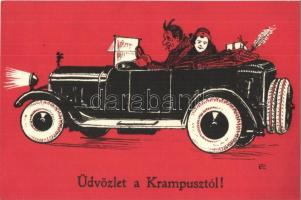 Üdvözlet a Krampusztól / Krampus with lady in automobile. C.H.W.VIII/2. 2506-22.