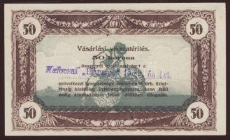 1920-as évek eleje 50K vásárlási visszatérítés lila "Kalocsai Hangya fogy. és ért." bélyegzővel T:I-