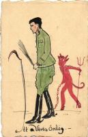 Itt a Vörös Ördög / Krampus with soldier. Hand-painted art postcard