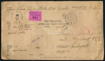 1942 Értéklevél 9.800 Pengőről, 1,66P bérmentesítéssel / Insured cover "UJVIDÉK"