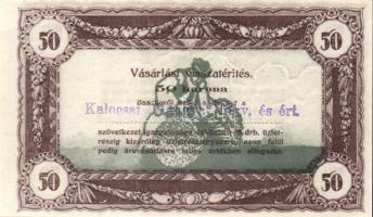 1920-as évek eleje 50K vásárlási visszatérítés lila "Kalocsai Hangya fogy. és ért." bélyegzővel T:I