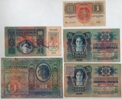 1912. 100K + 1913. 20K (2x) + 1915. 10K + 1916. 1K mindegyik hamis(?) felülbélyegzéssel T:III,III-