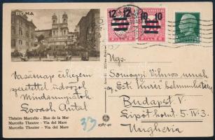 1934 Képeslap Olaszországból Budapestre, 10f + 12f portóval / Postcard from Italy to Budapest, with 10f + 12f postage due