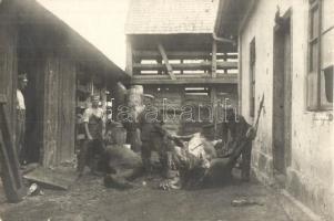 Lómészárszék katonai táborban, katonák állattetemekkel a szerb offenzíva alatt / WWI K.u.K. Field horse butchery, soldiers with dead horses, during the Serbian offensive photo