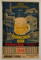 1940 Gebauer Ernő (1882-1962): Pannónia sör reklám plakát Pécs nevezetességeivel, naptárral, litogárfia, Bruchsteiner és Fia műintézetéből, restaurált, 96x63 cm / 1940 Hungarian beer advertisement poster, with calendar, lithography, restored 96x63 cm