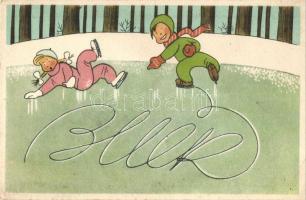 2 db humoros sport motívumlap: ökölvívók Fritz Schönpflug aláírásával (régi), jégkorcsolyázók (moder...