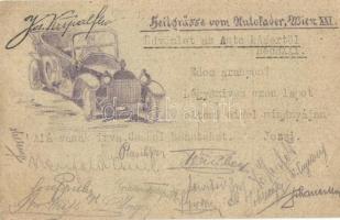 Üdvözlet az Autó kádertől, Bécs XXI. / J. Rehák Rrs. Abt. der K.u.K. Autotrp. Kom-Kanzlei Wien-Strebersdorf / WWI K.u.K. automobile troops greeting card, signatures (EK)