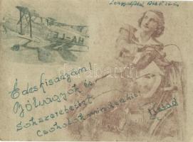 1943 Lengyelföld, Motorkerékpáros hölgy repülőgéppel. Tábori Postai Levelezőlap / WWII Hungarian military field post, lady on motorbike and aircraft