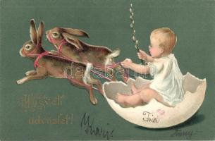 Húsvéti üdvözlet, dombornyomott / Easter greeting card, Rabbit sled with egg shell, Emb. litho