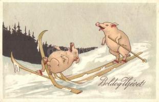 Boldog Újévet! / New Year greeting card, skiing pigs, litho