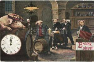 Boldog Újévet! / New Year greeting postcard, Drunken Pig gentlemen