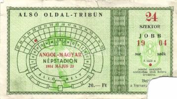 1954 belépőjegy a Népstadionba az Angol-Magyar football-mérkőzésre (a meccs a híres 6:3 visszavágója volt és Magyarország 7:1 arányban nyert)