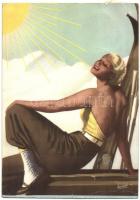 Delial, senza subire bruciature per abbronzare al sole / Italian sun cream advertisement card s: Boccasile (EK)