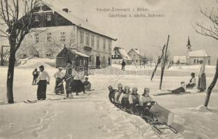 Prední Cínovec, Vorder Zinnwald i. Böhm.; Gasthaus zum sächsische Schweiz / winter sport montage in frnt of the guest house, bob sleigh, skiing