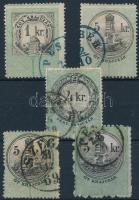 1868/1880 5 db okmánybélyeg postai, kocsiposta bélyegzéssel / 5 fiscal stamps with postal cancellations