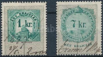 1891 1kr + 7kr nagy foltokkal a korona, címer felett / green colour spots