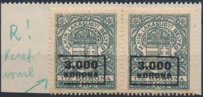 1923/1926 Lakásügyi illeték 3.000K pár, a bal oldali bélyeg felülnyomása hiányos kerettel / pair with plate variety