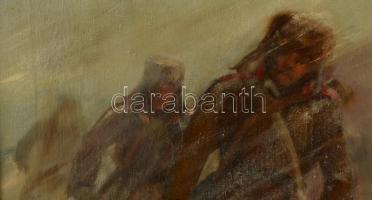 Altorjai Göbel János (?-?): Katonák a hóviharban. Olaj, vászon, jelzett, keretben, 63×44 cm