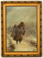 Altorjai Göbel János (?-?): Katonák a hóviharban. Olaj, vászon, jelzett, keretben, 63×44 cm